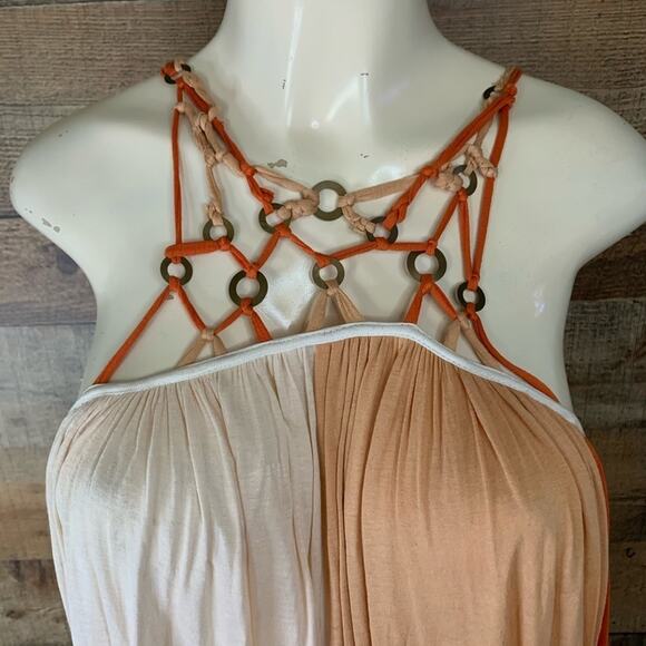 𝅺Free People Macrame Tunic Tank Top Colorblock Orange Tan White Size XS - Picture 2 of 11